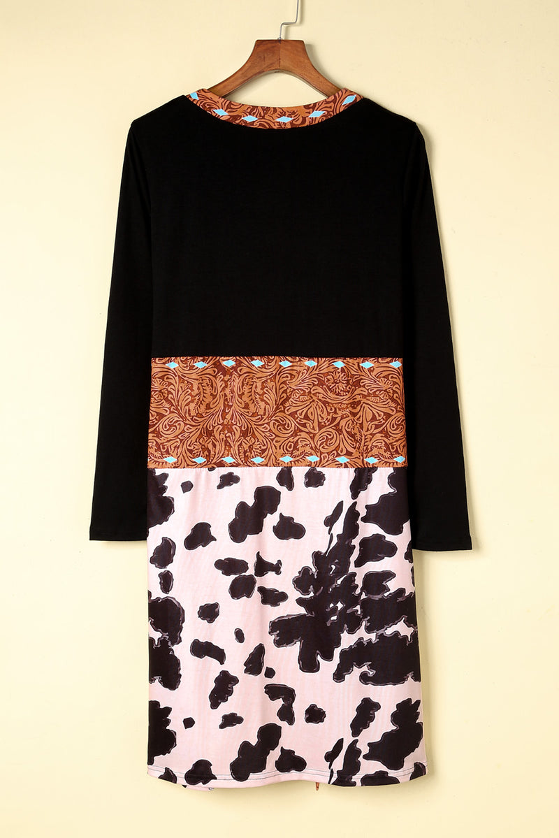 Load image into Gallery viewer, DLLS63 - Black Western Pattern Cow Patchwork Open Front Cardigan

