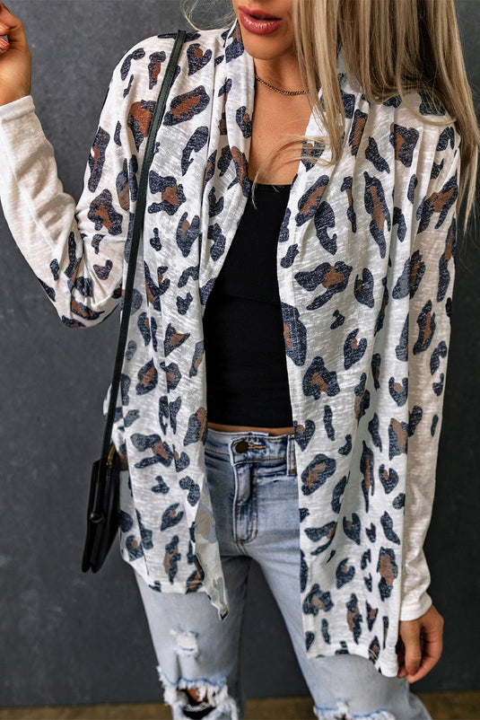 DLLS36 -White Vintage Leopard Print Open Cardigan