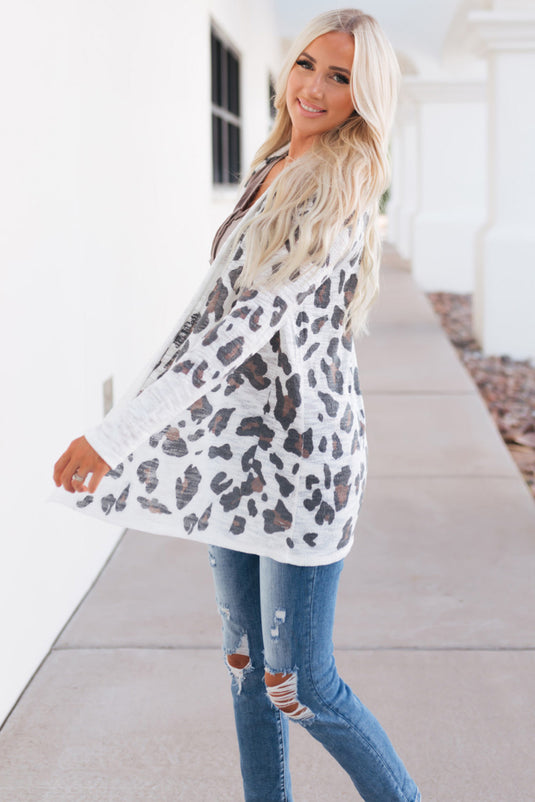 DLLS36 -White Vintage Leopard Print Open Cardigan