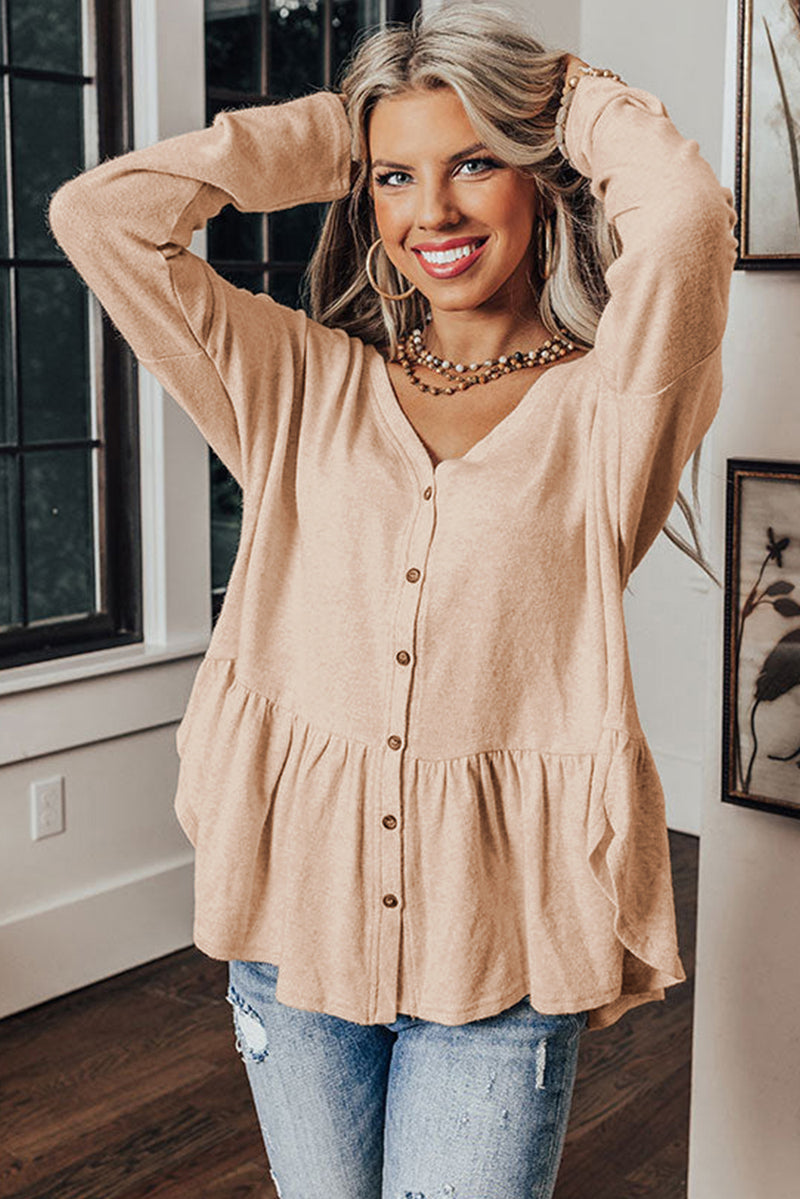 Load image into Gallery viewer, DLLS13 - Jet Stream Ruffled V Neck Buttoned V Neck Shirt
