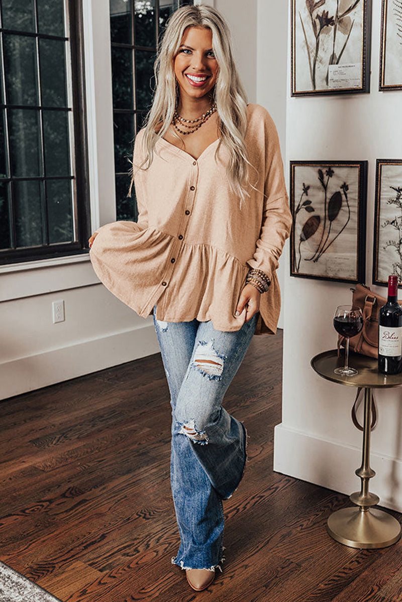 Load image into Gallery viewer, DLLS13 - Jet Stream Ruffled V Neck Buttoned V Neck Shirt
