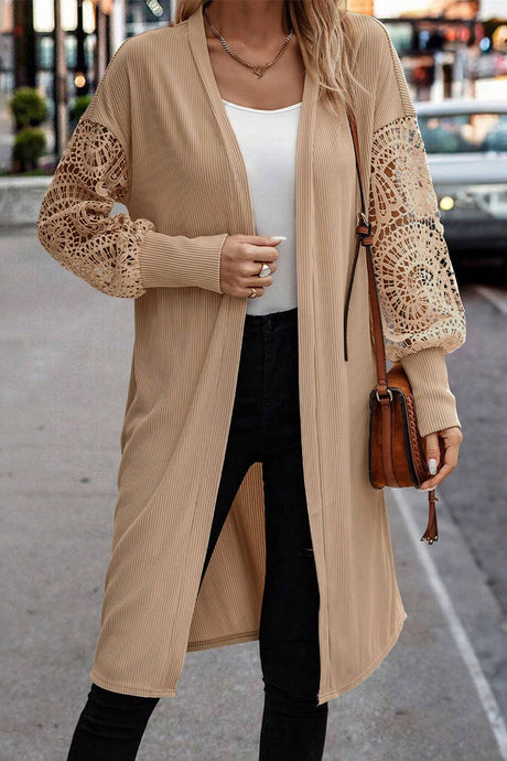 DLLS40 -Parchment Lace Patchwork Ribbed Knit Open Front Duster Cardigan