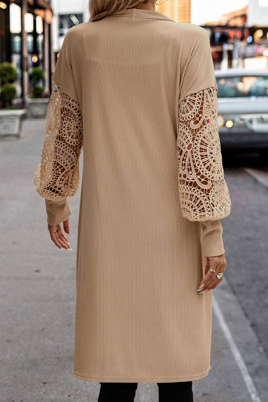 DLLS40 -Parchment Lace Patchwork Ribbed Knit Open Front Duster Cardigan