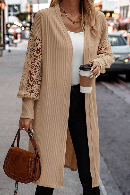 DLLS40 -Parchment Lace Patchwork Ribbed Knit Open Front Duster Cardigan