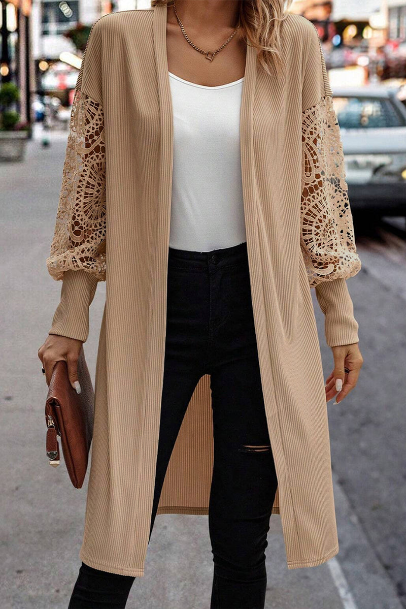 Load image into Gallery viewer, DLLS40 -Parchment Lace Patchwork Ribbed Knit Open Front Duster Cardigan
