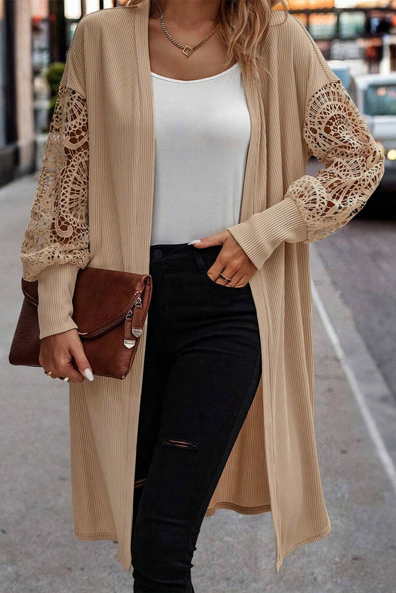 Load image into Gallery viewer, DLLS40 -Parchment Lace Patchwork Ribbed Knit Open Front Duster Cardigan
