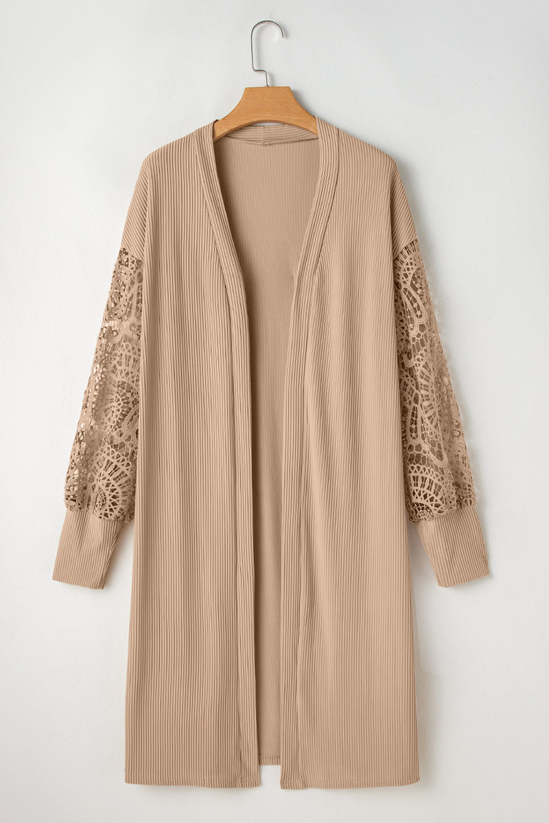 Load image into Gallery viewer, DLLS40 -Parchment Lace Patchwork Ribbed Knit Open Front Duster Cardigan
