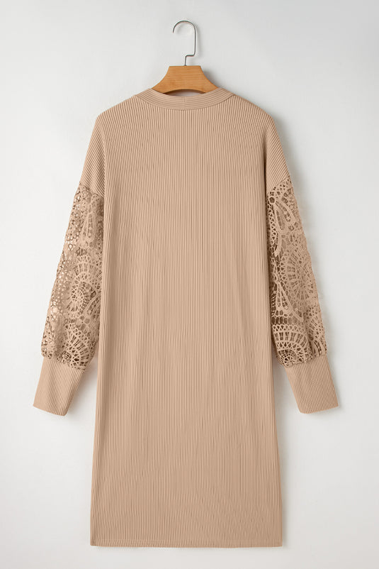 DLLS40 -Parchment Lace Patchwork Ribbed Knit Open Front Duster Cardigan