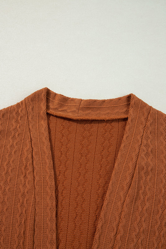 DLLS42 -Chestnut Textured Knit Side Pockets Open Front Cardigan