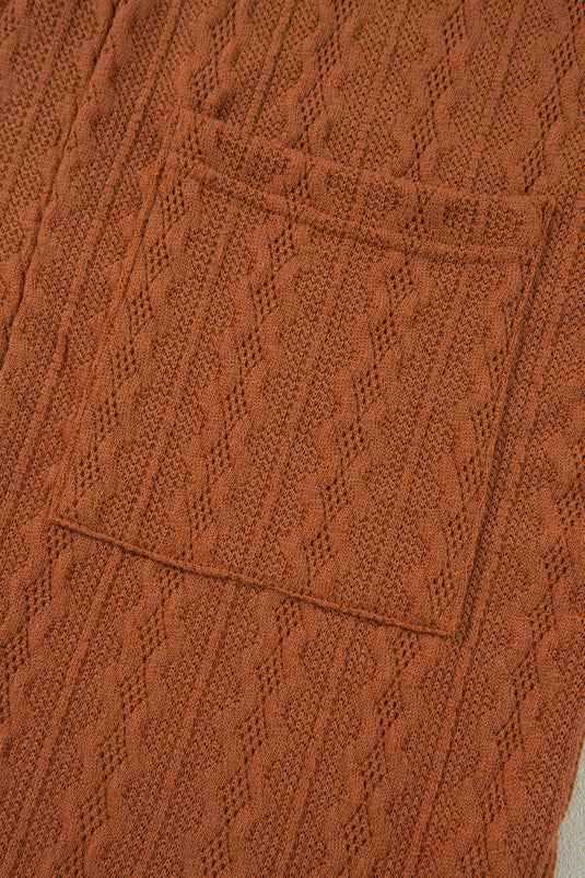 DLLS42 -Chestnut Textured Knit Side Pockets Open Front Cardigan