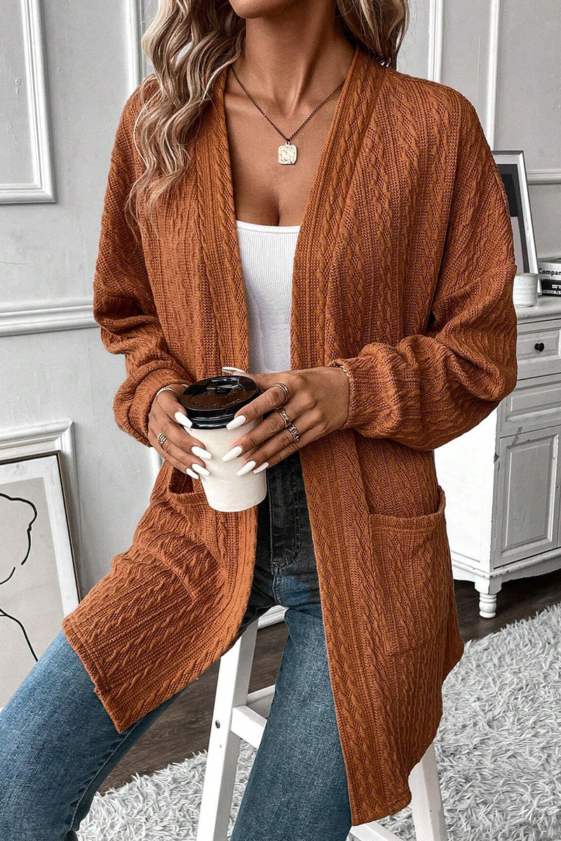 Load image into Gallery viewer, DLLS42 -Chestnut Textured Knit Side Pockets Open Front Cardigan
