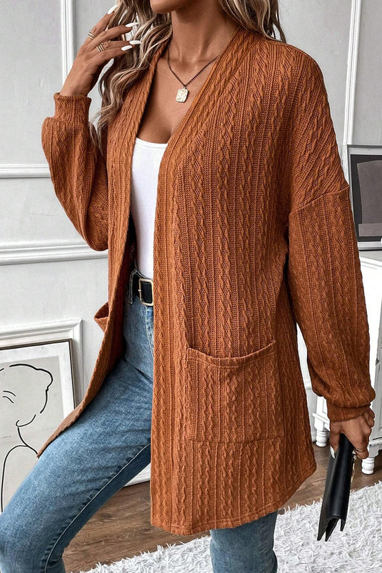 DLLS42 -Chestnut Textured Knit Side Pockets Open Front Cardigan