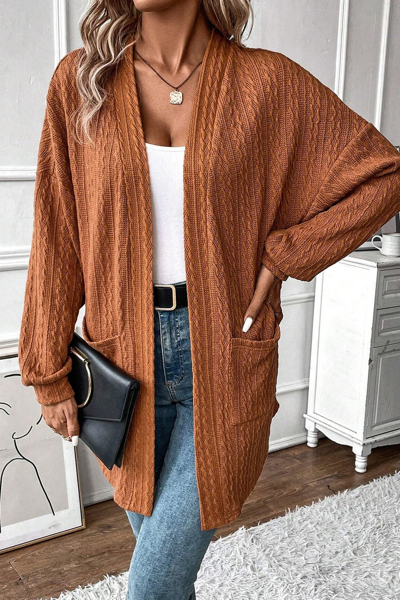 Load image into Gallery viewer, DLLS42 -Chestnut Textured Knit Side Pockets Open Front Cardigan
