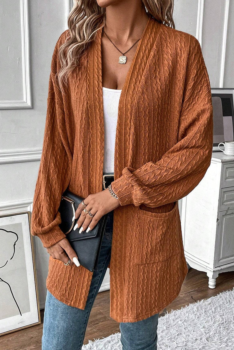 Load image into Gallery viewer, DLLS42 -Chestnut Textured Knit Side Pockets Open Front Cardigan
