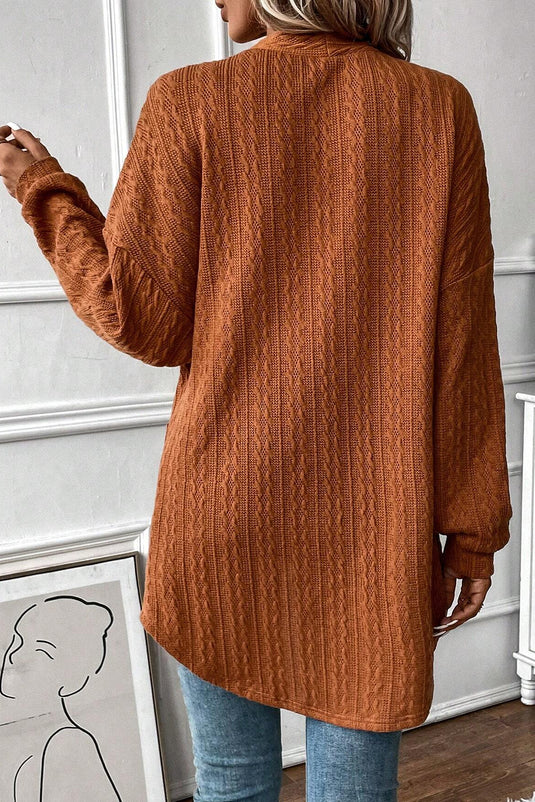 DLLS42 -Chestnut Textured Knit Side Pockets Open Front Cardigan