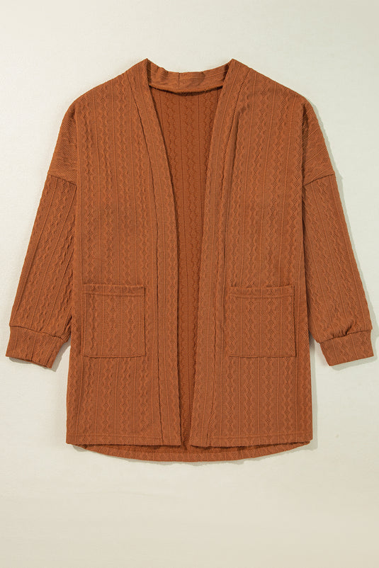 DLLS42 -Chestnut Textured Knit Side Pockets Open Front Cardigan