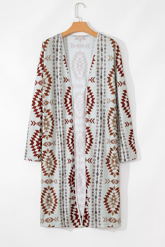 DLLS65 - Brown Western Aztec Printed Open Front Long Cardigan