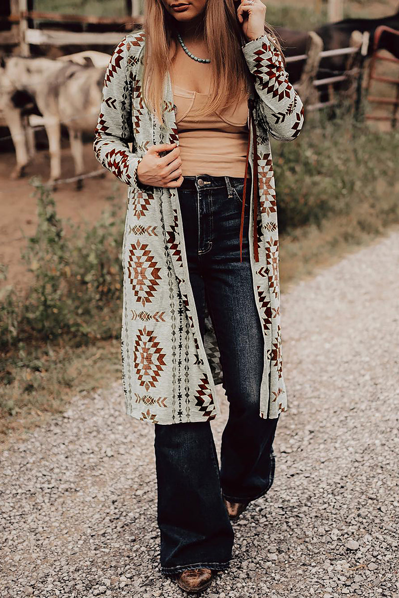Load image into Gallery viewer, DLLS65 - Brown Western Aztec Printed Open Front Long Cardigan
