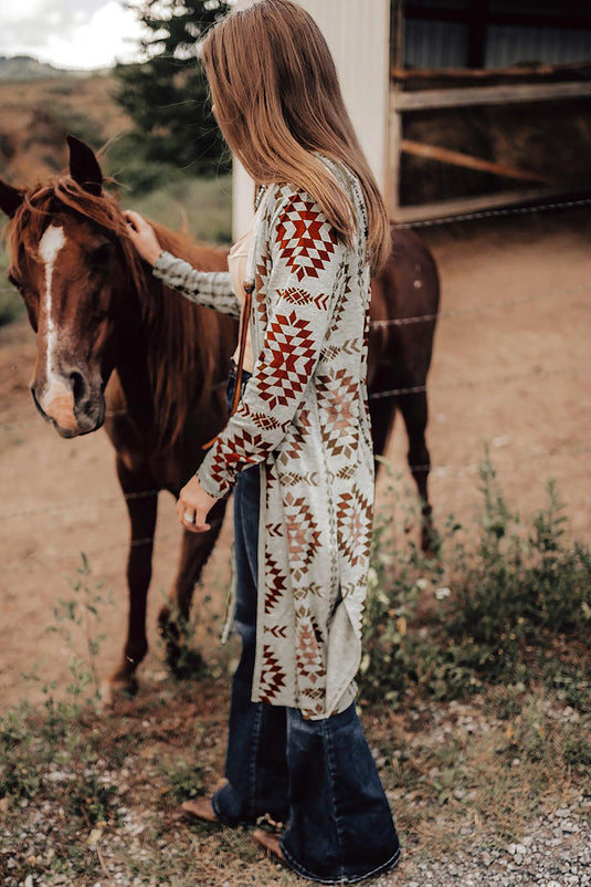 DLLS65 - Brown Western Aztec Printed Open Front Long Cardigan