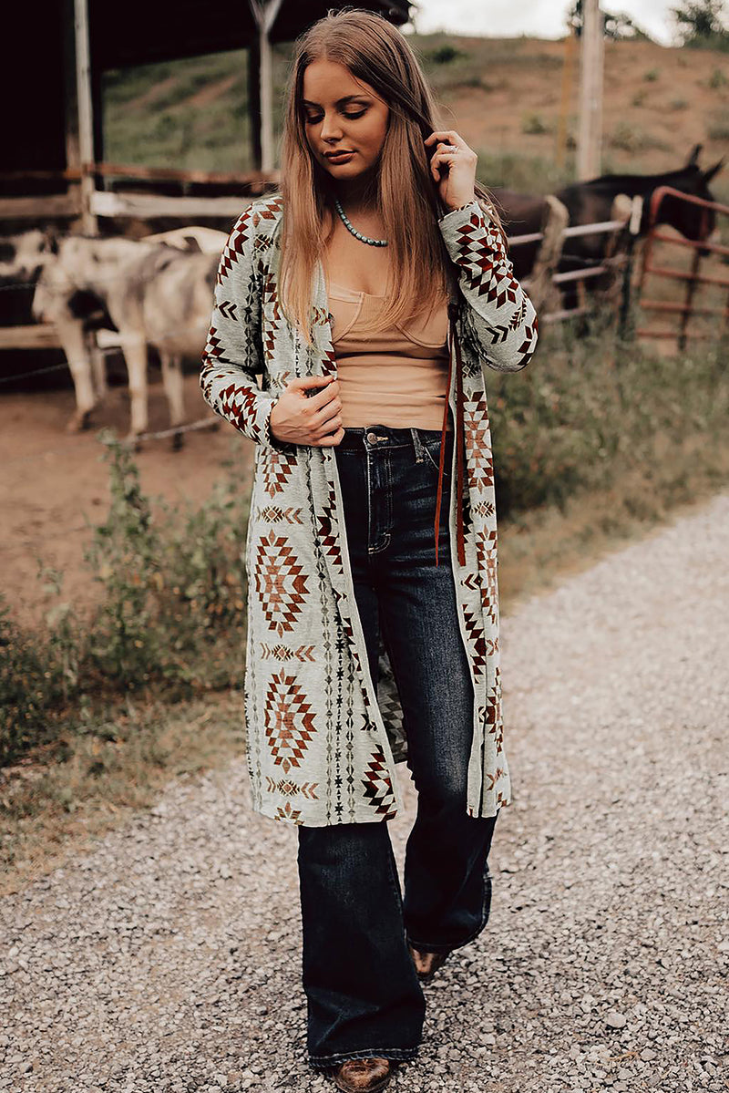 Load image into Gallery viewer, DLLS65 - Brown Western Aztec Printed Open Front Long Cardigan
