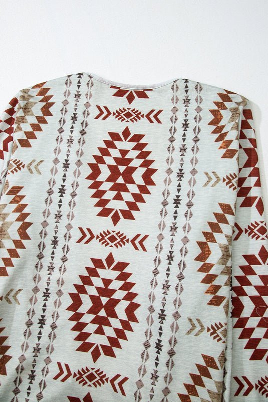 DLLS65 - Brown Western Aztec Printed Open Front Long Cardigan