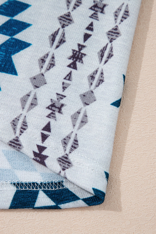 DLLS64 - Sky Blue Western Aztec Printed Open Front Long Cardigan