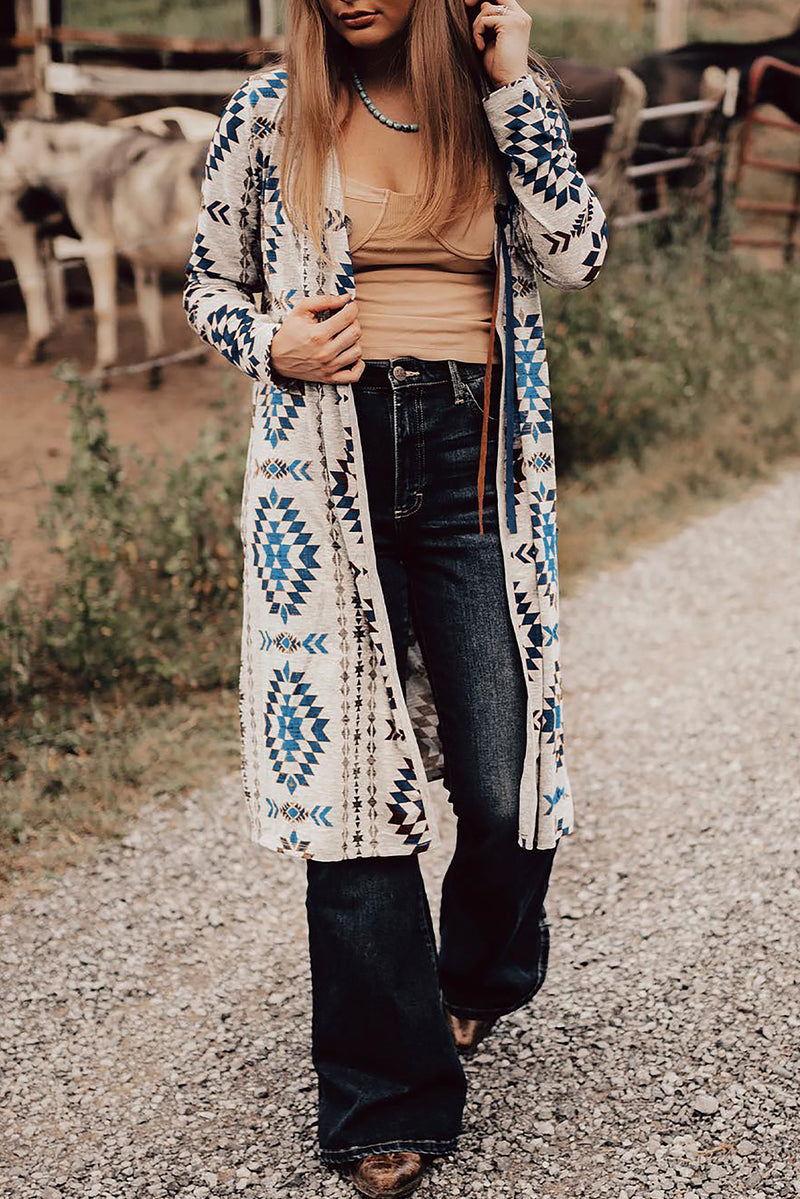 Load image into Gallery viewer, DLLS64 - Sky Blue Western Aztec Printed Open Front Long Cardigan
