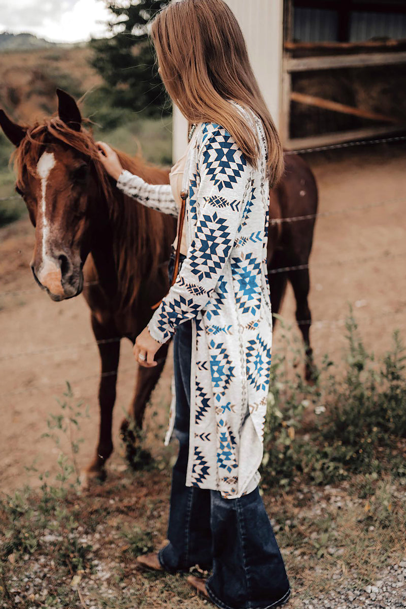Load image into Gallery viewer, DLLS64 - Sky Blue Western Aztec Printed Open Front Long Cardigan
