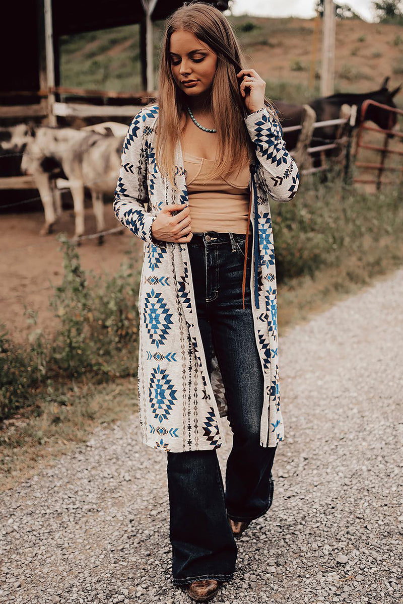 Load image into Gallery viewer, DLLS64 - Sky Blue Western Aztec Printed Open Front Long Cardigan
