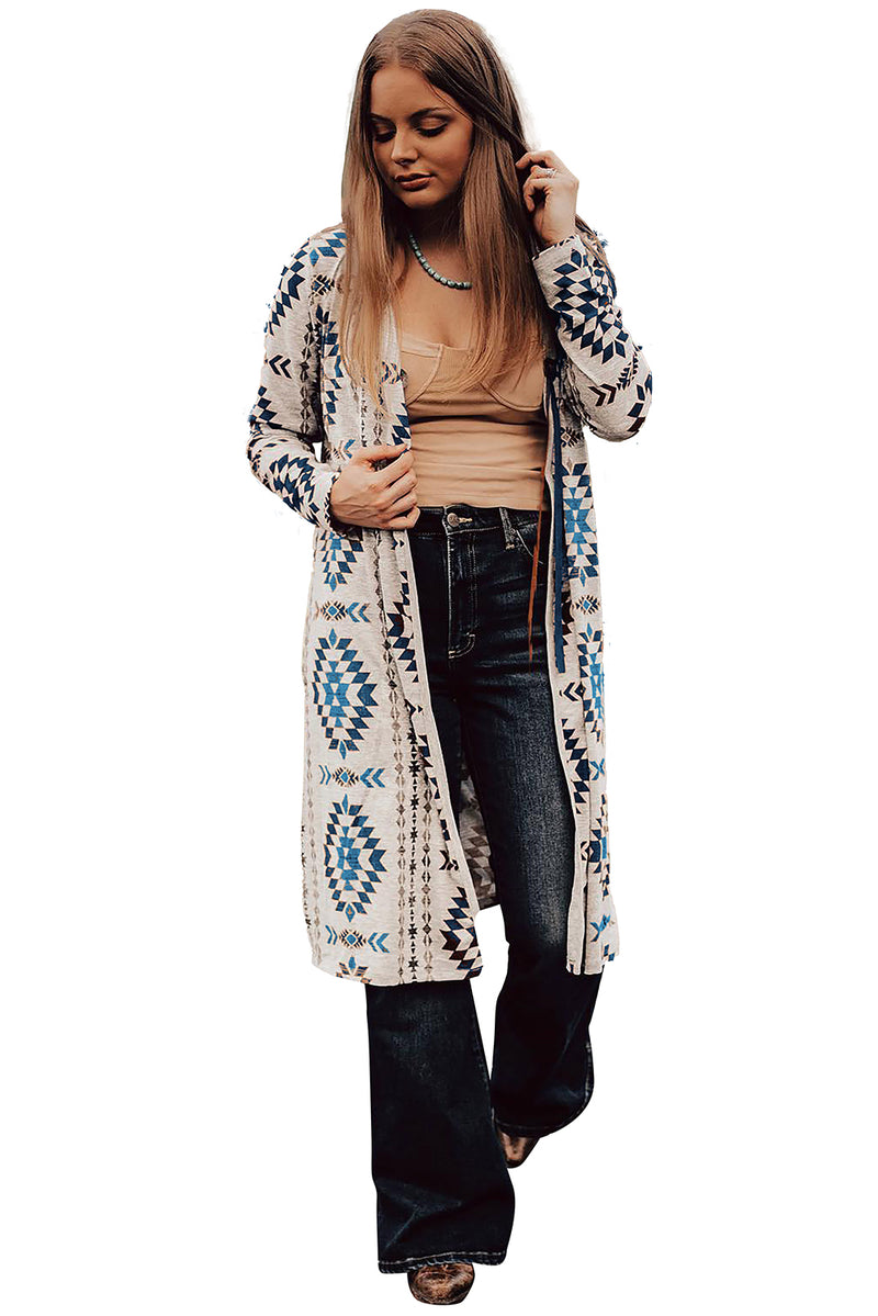 Load image into Gallery viewer, DLLS64 - Sky Blue Western Aztec Printed Open Front Long Cardigan
