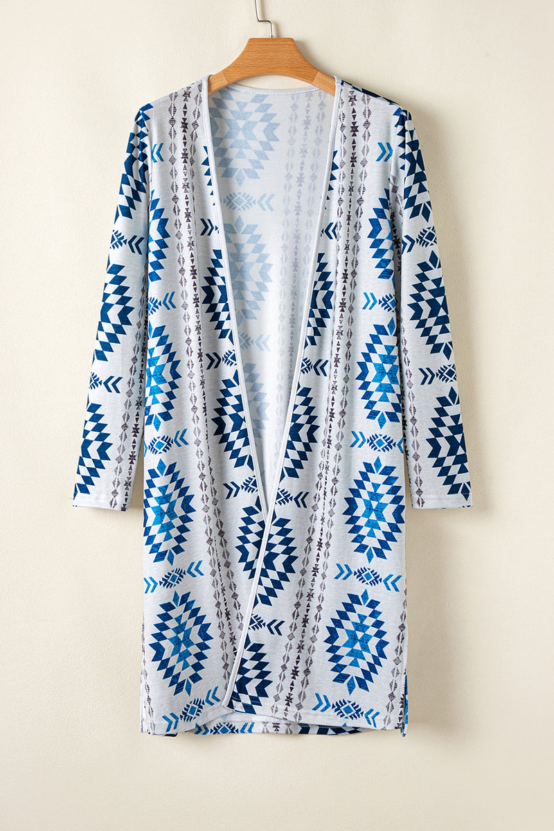 Load image into Gallery viewer, DLLS64 - Sky Blue Western Aztec Printed Open Front Long Cardigan
