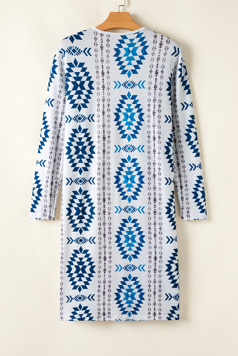 Load image into Gallery viewer, DLLS64 - Sky Blue Western Aztec Printed Open Front Long Cardigan
