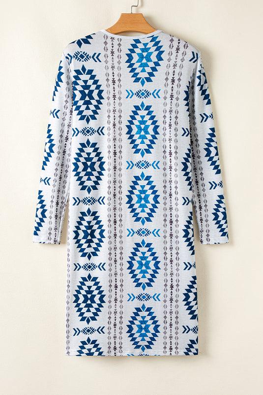 DLLS64 - Sky Blue Western Aztec Printed Open Front Long Cardigan