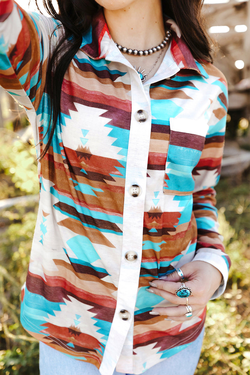 Load image into Gallery viewer, DLLS54 - Multicolor Aztec Print Buttoned Pocket Chest Long Sleeve Shirt
