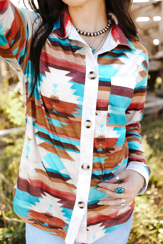 DLLS54 - Multicolor Aztec Print Buttoned Pocket Chest Long Sleeve Shirt