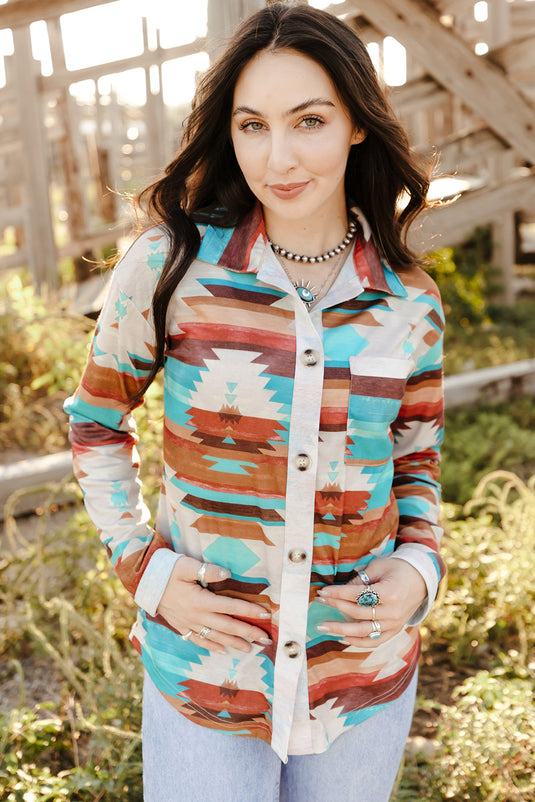 DLLS54 - Multicolor Aztec Print Buttoned Pocket Chest Long Sleeve Shirt