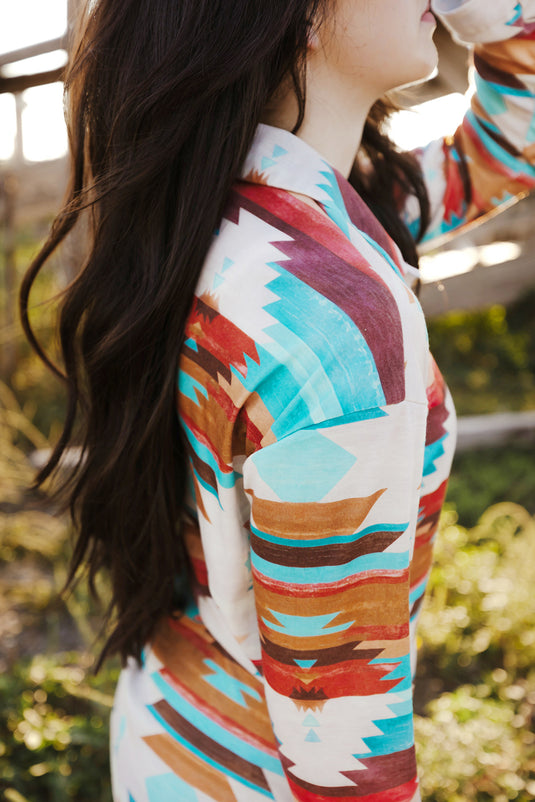 DLLS54 - Multicolor Aztec Print Buttoned Pocket Chest Long Sleeve Shirt