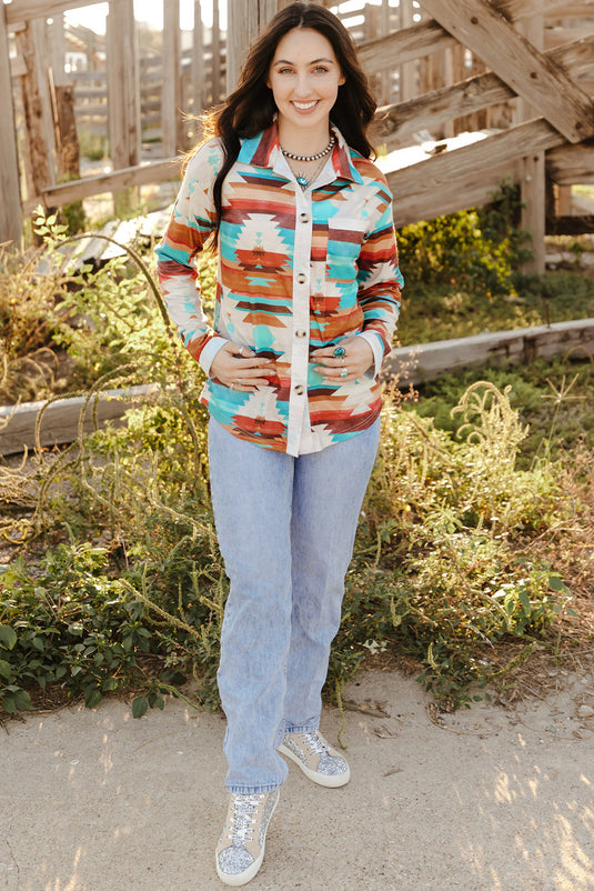 DLLS54 - Multicolor Aztec Print Buttoned Pocket Chest Long Sleeve Shirt