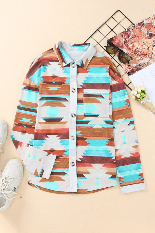 DLLS54 - Multicolor Aztec Print Buttoned Pocket Chest Long Sleeve Shirt