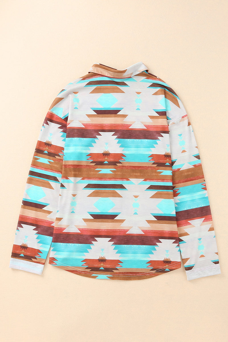 Load image into Gallery viewer, DLLS54 - Multicolor Aztec Print Buttoned Pocket Chest Long Sleeve Shirt
