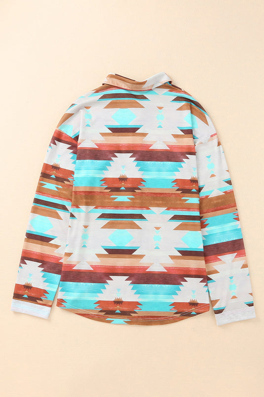 DLLS54 - Multicolor Aztec Print Buttoned Pocket Chest Long Sleeve Shirt