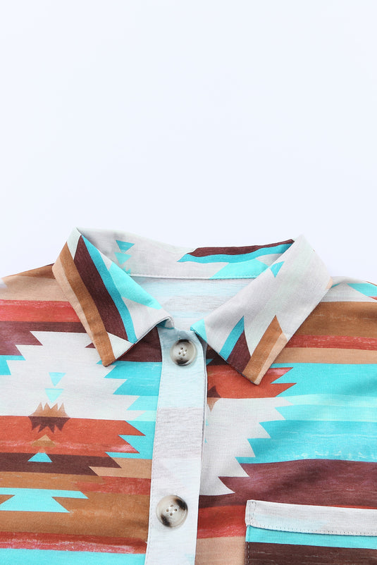 DLLS54 - Multicolor Aztec Print Buttoned Pocket Chest Long Sleeve Shirt