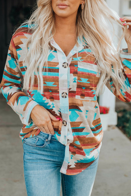 DLLS54 - Multicolor Aztec Print Buttoned Pocket Chest Long Sleeve Shirt