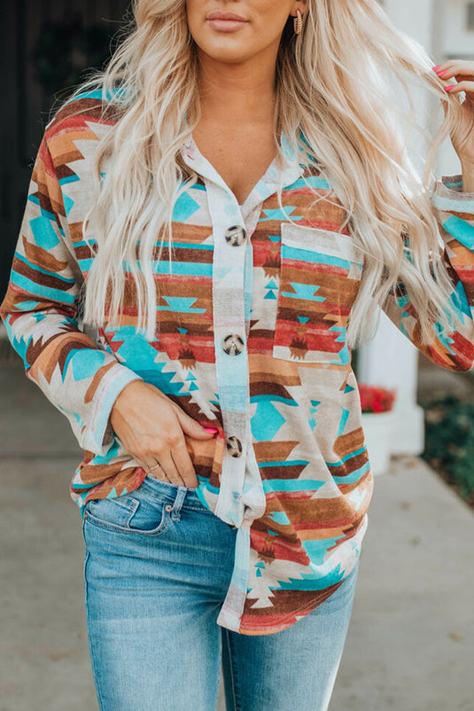 DLLS54 - Multicolor Aztec Print Buttoned Pocket Chest Long Sleeve Shirt