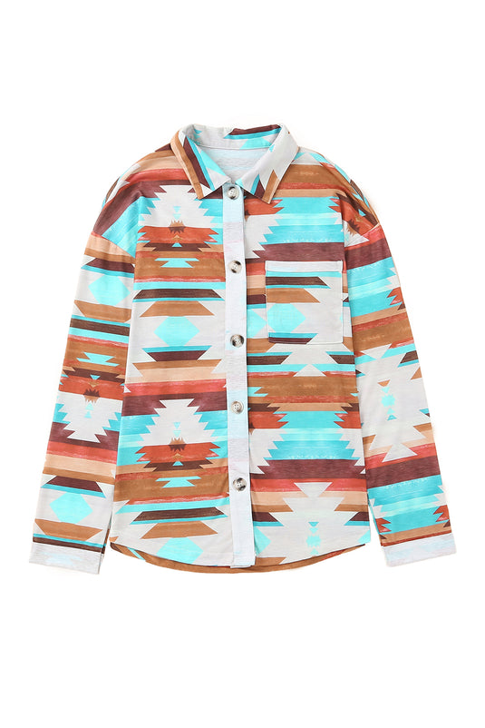 DLLS54 - Multicolor Aztec Print Buttoned Pocket Chest Long Sleeve Shirt