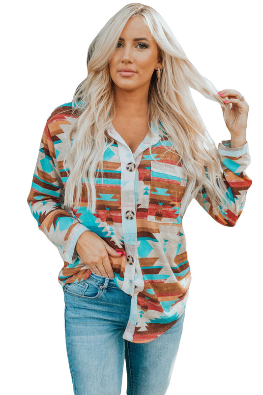 DLLS54 - Multicolor Aztec Print Buttoned Pocket Chest Long Sleeve Shirt