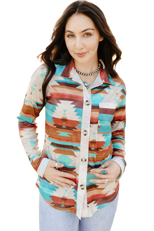 DLLS54 - Multicolor Aztec Print Buttoned Pocket Chest Long Sleeve Shirt