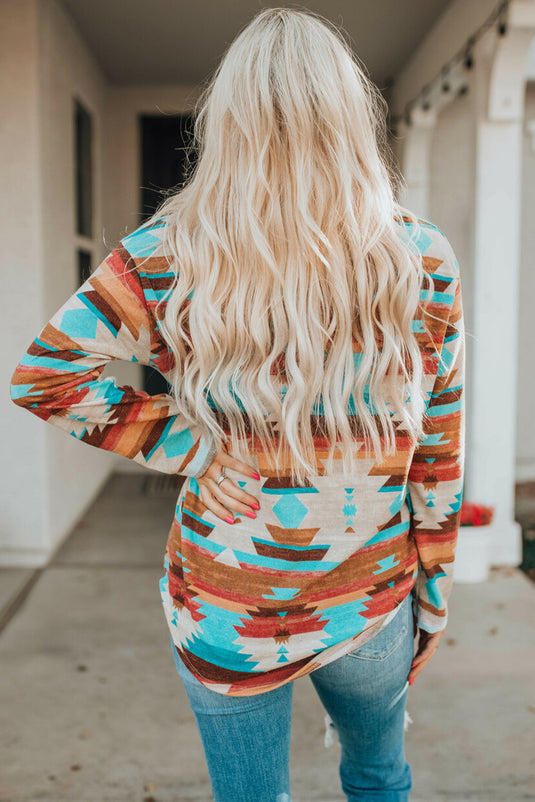 DLLS54 - Multicolor Aztec Print Buttoned Pocket Chest Long Sleeve Shirt
