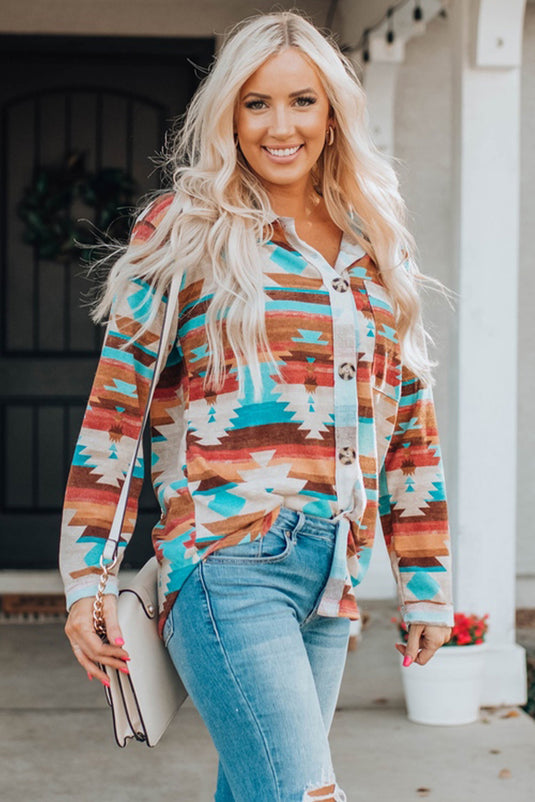 DLLS54 - Multicolor Aztec Print Buttoned Pocket Chest Long Sleeve Shirt