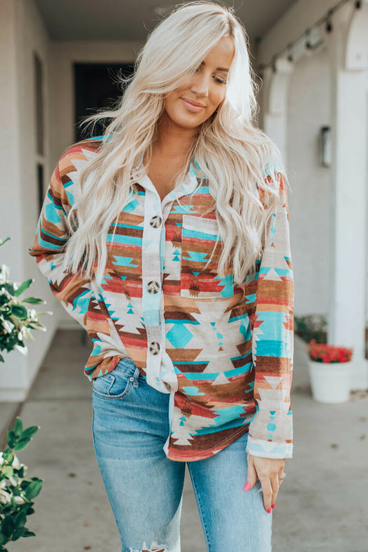 DLLS54 - Multicolor Aztec Print Buttoned Pocket Chest Long Sleeve Shirt